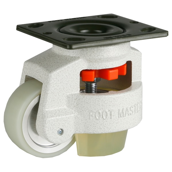 Leveling Caster, 75 mm Polyurethane Wheel, 4 x 4-1/2 Plate, Swivel, 800 kg Cap, PU Foot Pad, Ivory